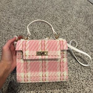 NOT SOLD! still for sale! francesca’s pink and white woven purse